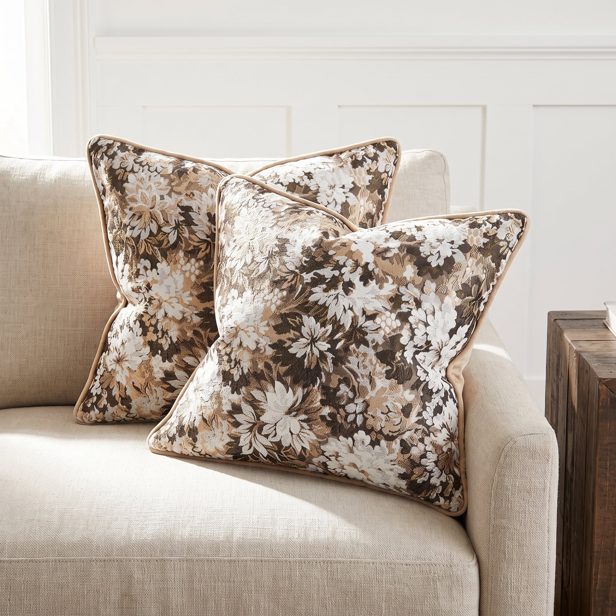 Unique Bargains Floral Throw Pillow Cover with Piped Edge Decor Cushion Case Khaki 18"x18"