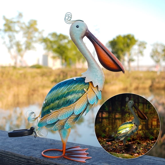 HONGLAND Solar Metal Pelican Garden Statue, 3D Glass Outdoor Pelican Yard Art for Porch Patio,Easy Assemble-19 inch