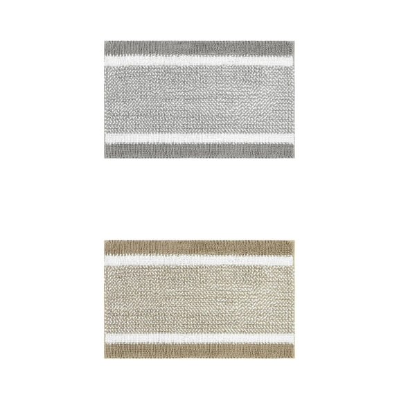 NOMADIC NOOK 2 Pcs Chenille Striped Bathroom Mats Non-Slip Soft Plush Shaggy Bath Rugs Khaki/Grey 20" x 32"
