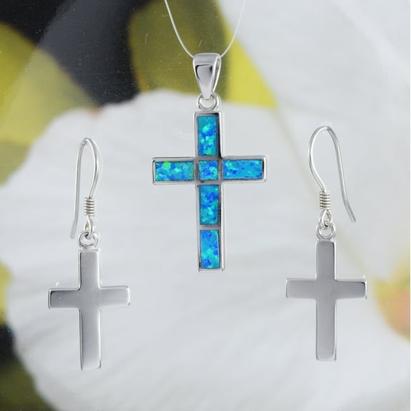 Gorgeous Hawaiian Blue Opal Cross Earring and Necklace, Sterling Silver Opal Cross Pendant N6165S Christian Jewelry, Birthday Valentine Gift