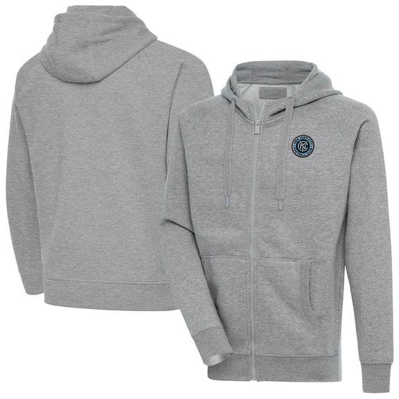 Men's-Antigua Heather Gray New York City FC Victory Fleece Raglan Full-Zip Hoodie