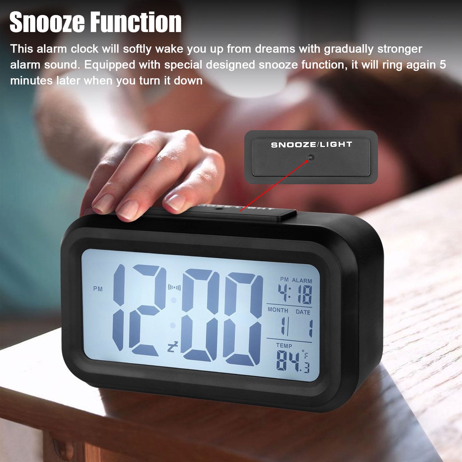 alarm clock lcd backlight snooze music month day temperature new 