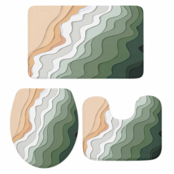 Sage Green Beach Bath Mat 3 Piece Bathroom Rug Set, Farmhouse Coastal Ombre Sea Waves Art Non Slip Bath Rug Contour Mat and Toilet Lid Cover, Absorbent Shower Mats Soft Bath Rugs and Mats Sets