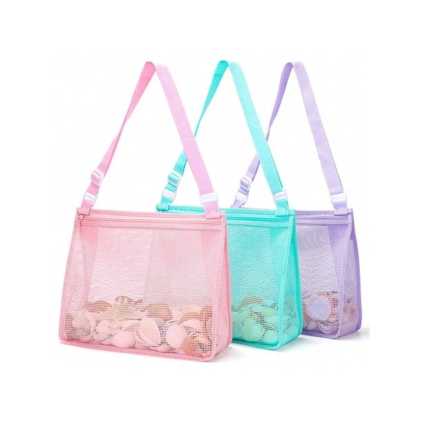 Beach Toy Mesh Beach Bag Kids Shell Collecting Bag Beach Sand Toy Seashell Bag Swimming Accessories For Boys And Girls(Only Bags,A Set Of 3)