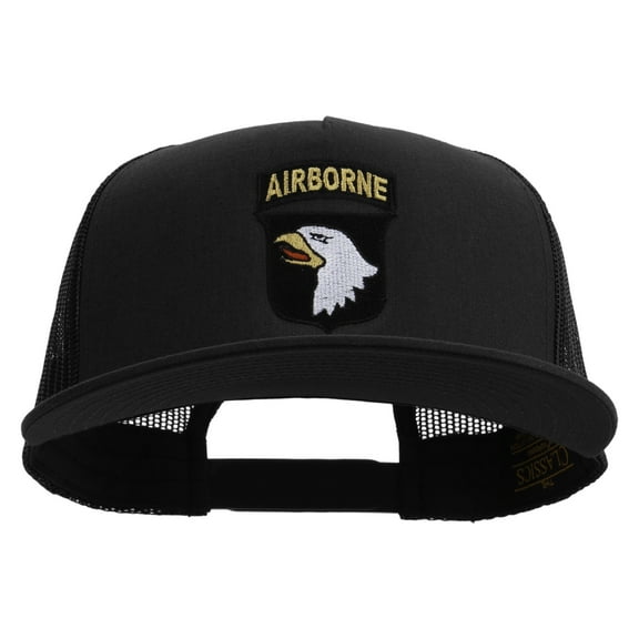 101st Airborne Division Embroidered 5 Panel Mesh Trucker Snapback Cap - Black OSFM