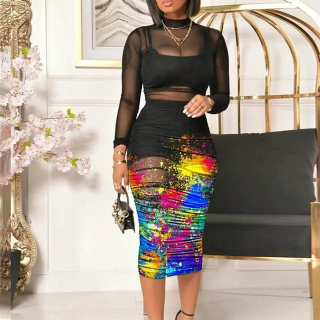 ICHUANYI Clearance Fashion Women Summer Mesh Print Casual Long SLeeve Top+ Skirt Set 3PCS Suit(Black, S) ICHUANYI WER2023081110763