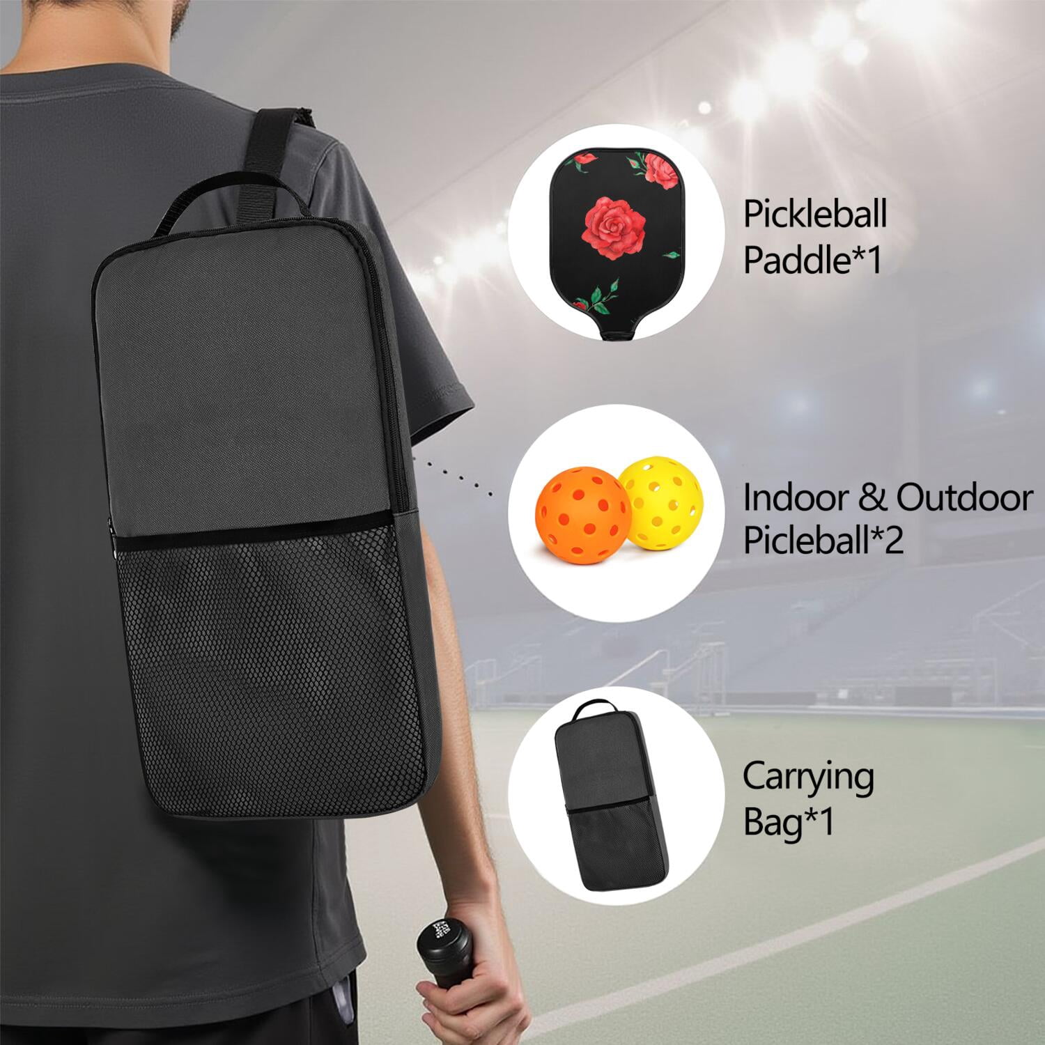 Pickleball Paddles Set Of 1, Fiberglass Surface, Rose Flowers Print, 1 Paddle, 2 Balls & Bag