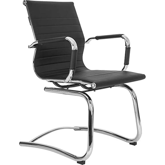 Silla Oficina Semi Ejecutiva Visitante Sala Espera Trineo Piel PU Blanca Rep Eames Aluminium Grupo Microtec Secretarial Minimalista Moderna Visita Fija (Negro) Grupo Microtec Eames Aluminium