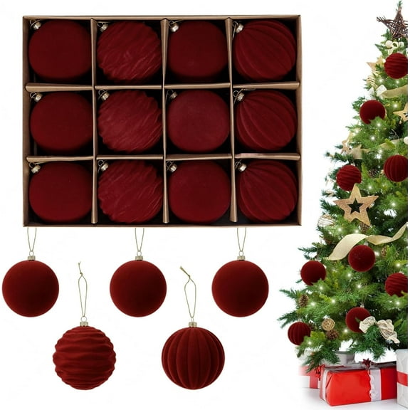 PayUSD Velvet Christmas Ball Ornaments for Christmas, 12pcs Flocked Shatterproof Christmas Ornaments Hanging Xmas Tree Decorations Set for Home Party Holiday Decor (3.15 inch, Burgundy Red)