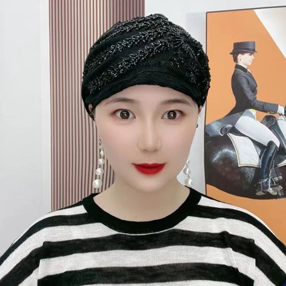 opolski Ladies Turban Hat Sequin Decor Color Matching Embroidery Lightweight Headscarf Hair Cover Cap Lady Head Wrap Female Daily Beanie Light Khaki