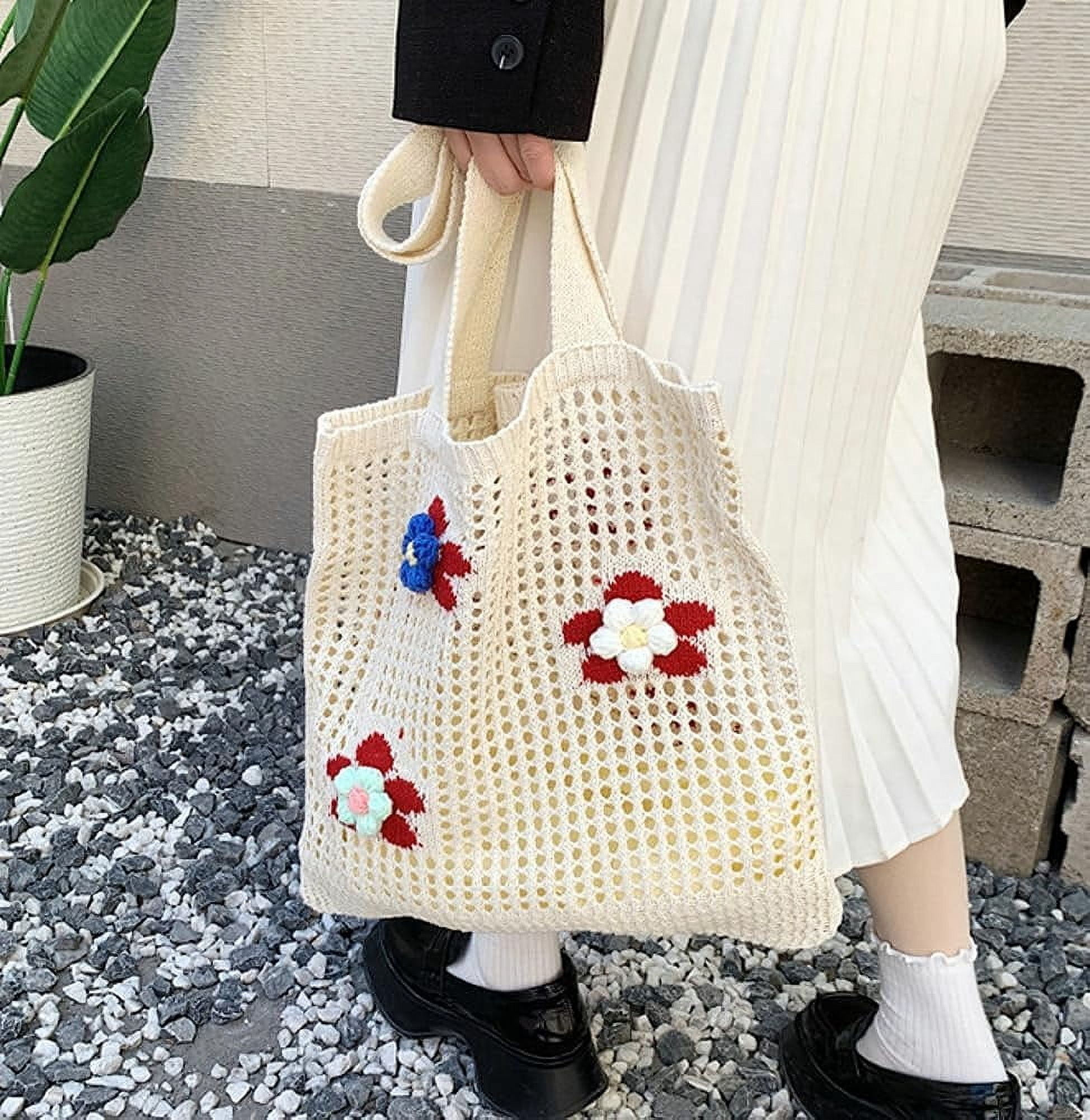 Kukuzhu Women Handmade Crochet Tote Bag Y2k Purse Cute Aesthetic Shoulder Bag Knitted Hobo Bag Mesh Beach Bag
