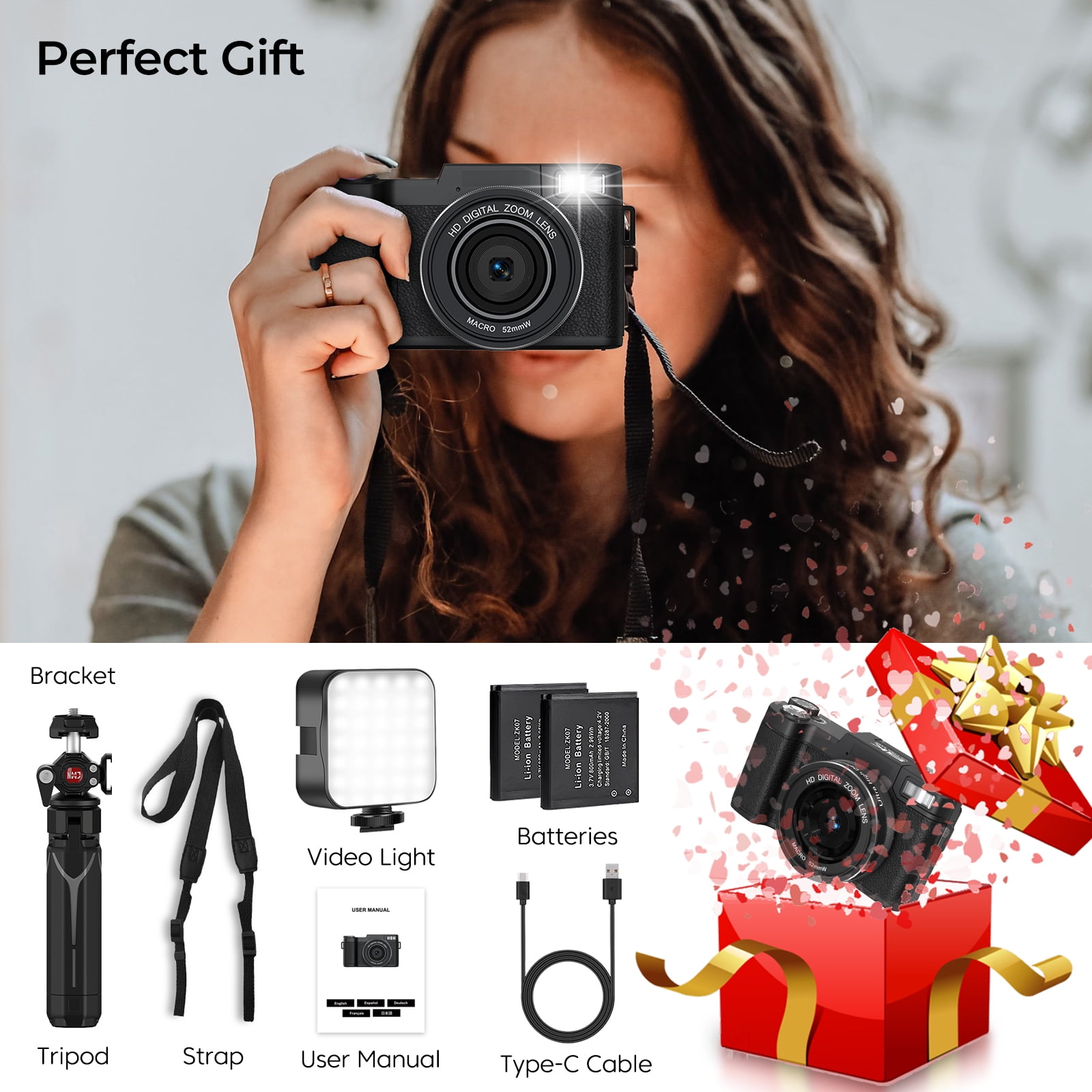 5K Vlogging Camera with WiFi 64MP 4K Digital Camera for Photography Vlog Camera with Flip Screen Video Camera for YouTube with Selfie Light, Desk Tripod, Batteries