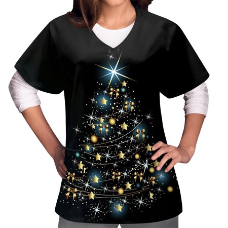 

Womens Working Uniform Tops Short Sleeve V Neck Xmas Tee Tops Christmas t Shirt Printed Scrub Tops Blouse Tops