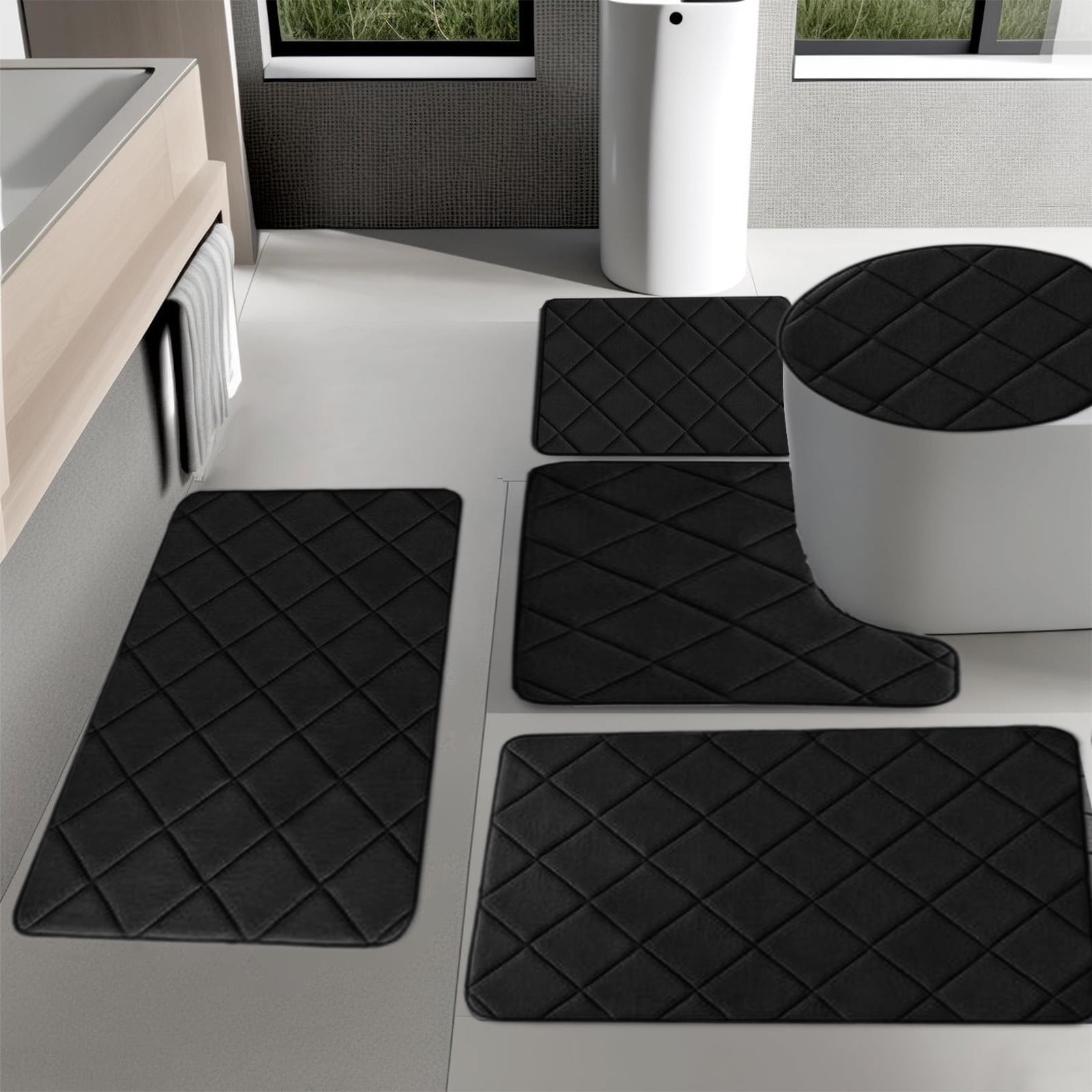 5-Piece Foam Bath Mat Set, Soft Water Absorbent Non-Slip Bathroom Rugs for Shower Toilet Bath, Thick Comfortable Floor Mats for Home Spa Relaxation, Washable Quick Drying for Bathroom or Guest Room