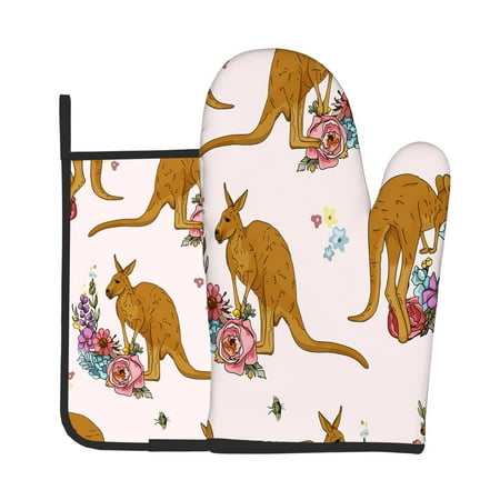 

2pcs Oven Mitts Pot Holders Kangaroo Flowers Kitchen Heat Resistant Hot Pads for Cooking BBQ Baking