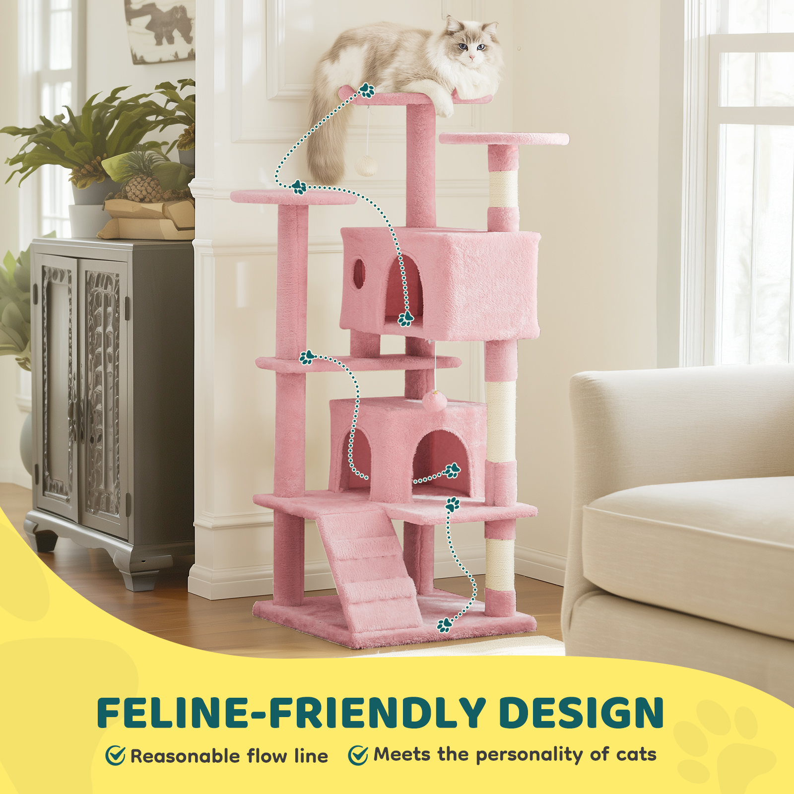 SHOUFTW 54 Indoor Cat Tree Tower, Multi-Layer Design, Sisal Scratching Posts, Spacious Apartment, Climbing Ramp, Kitten Toys, Pink