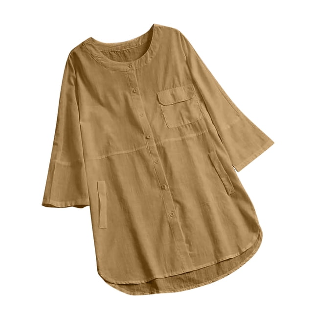 Pompotops Chemise Femme Unie Vintage Décontractée en Coton et Lin à Manches Courtes Col en V Hauts/chemise Liquidation