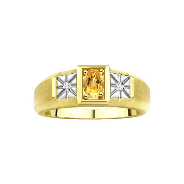 RYLOS Men's Rings 14K Yellow Gold Classic 6X4MM Oval Gemstone & Diamond Ring Citrine November Birthstone Rings For Men, Gold Rings Size 9