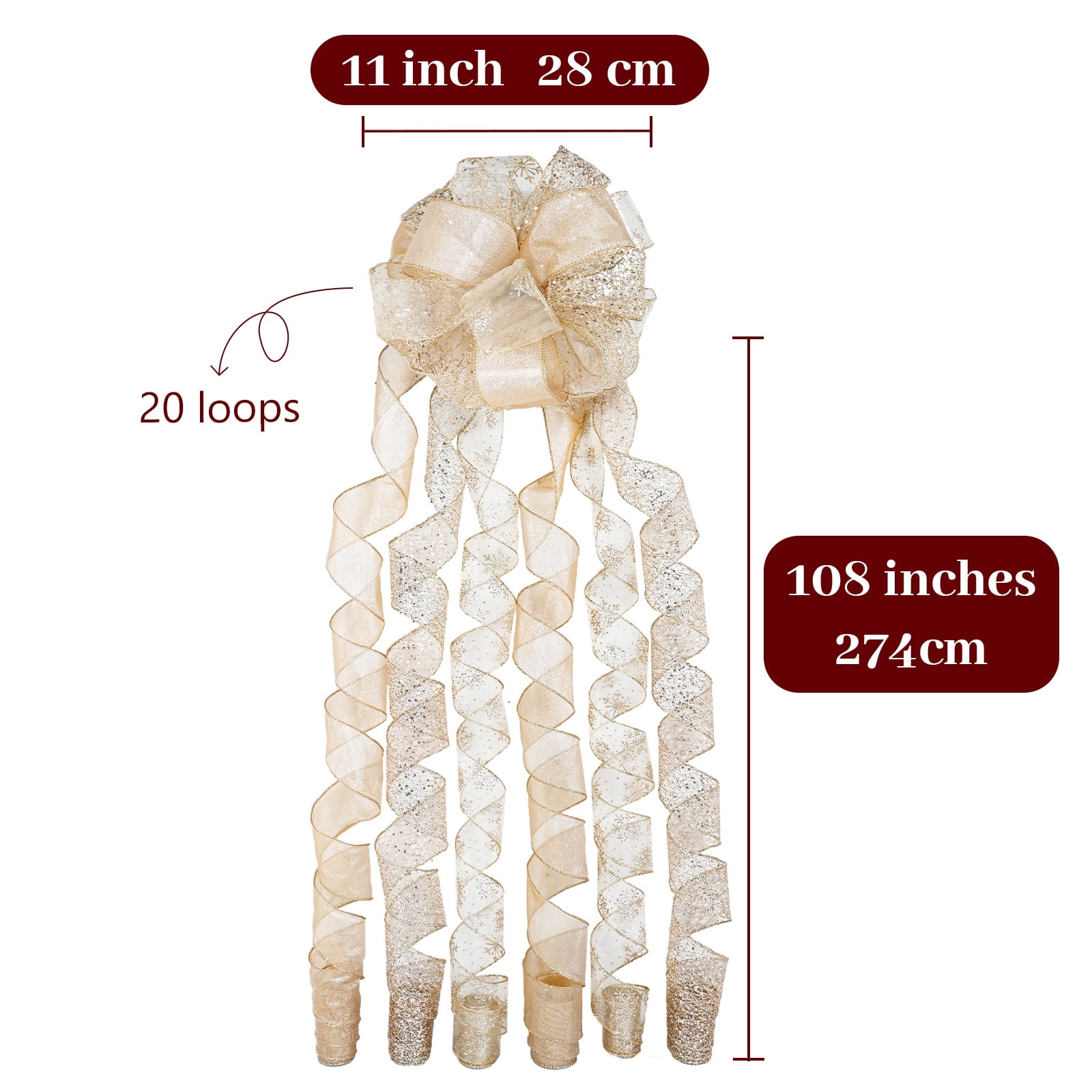 LoomJoyz Christmas Tree Topper Bow Champagne Gold Glitter 11 Inch, 6 Streamer Tails, 3 Yards Long For Party Home Holiday Decoration