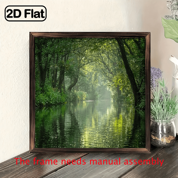 Handpicked Art Prints, Mounted in a Wooden Frame The Wide River Flows Through The Dense Forest Creating a Beautif Perfectly Suited for Walls in Living Rooms.wooden board painting