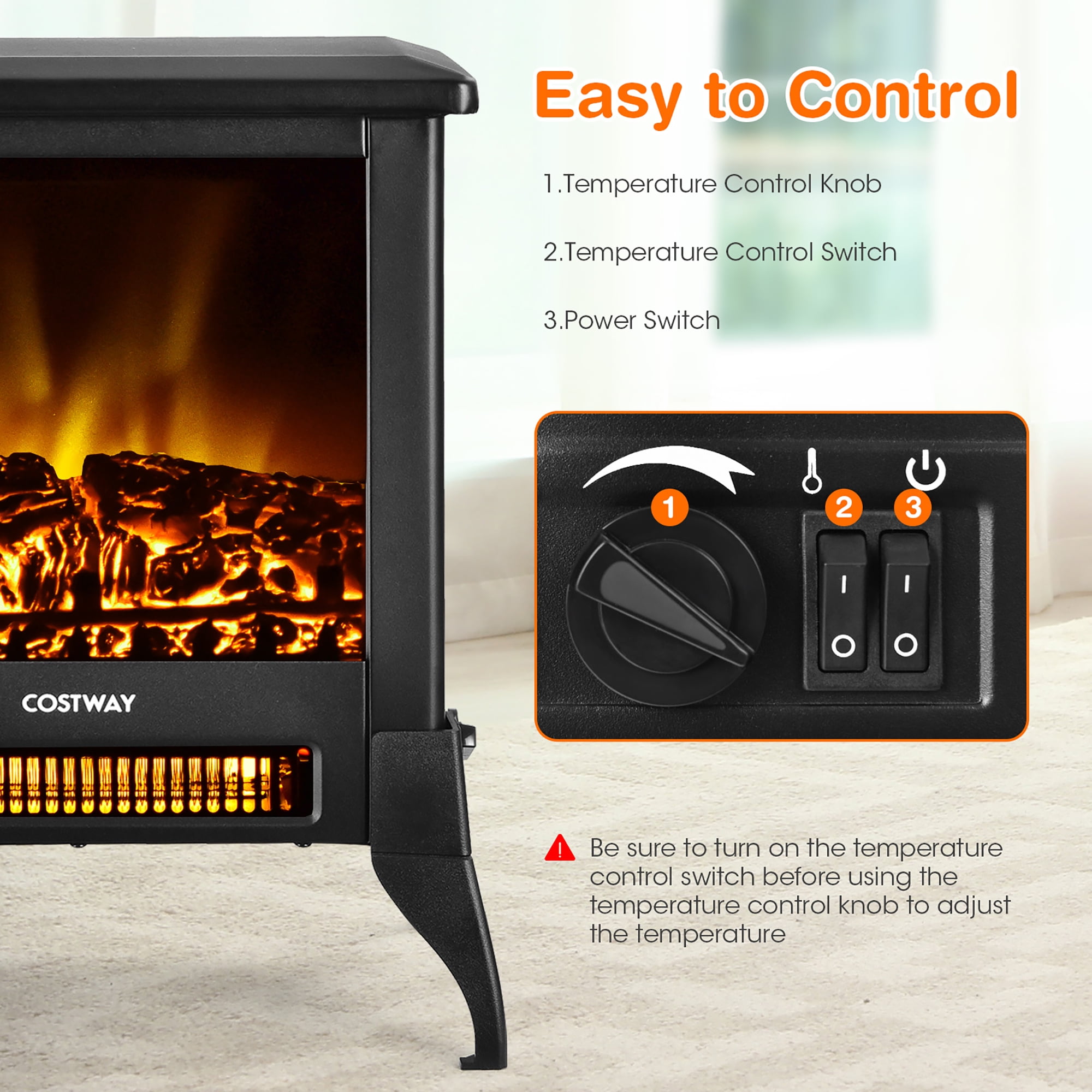 Costway 18''  Electric Fireplace Stove Freestanding Heater W/ Flame Effect 1400W