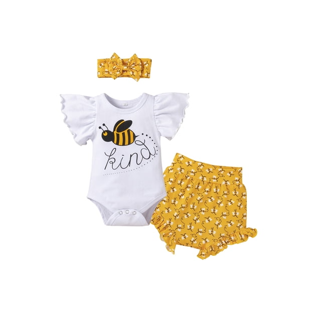 goowrom Infant Flying Sleeve Romper + Shorts + Bow Headband, Bee Cartoon