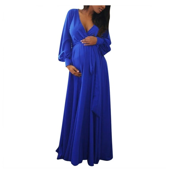 asdoklhq Maternity Dresses for WomenWomen Pregnant Maternity V-Neck Long Sleeve Solid Ruffles Frenulum Dress