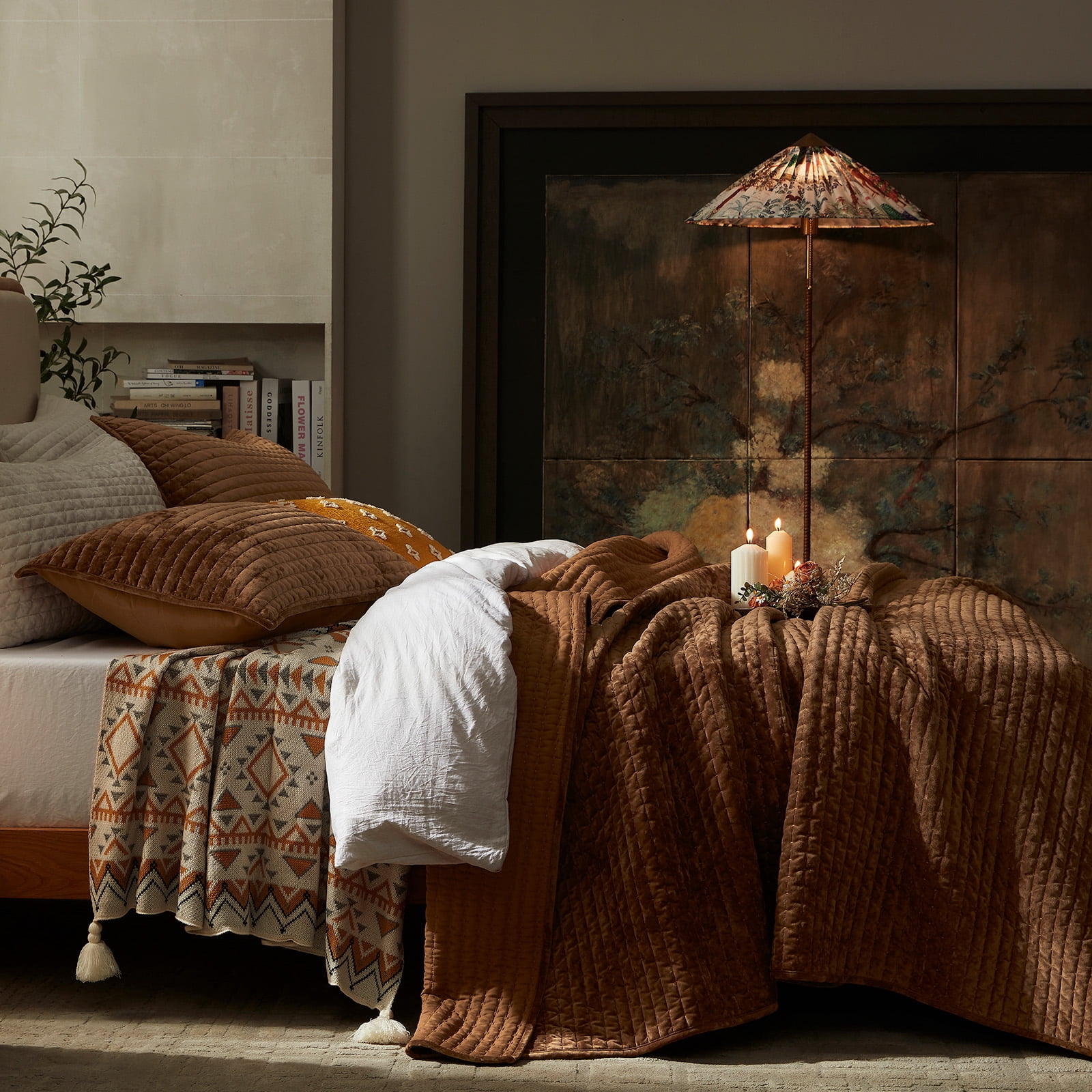 Luxury Velvet Quilt Set King Size 98''x106'', Ultra-Soft Striped Channel Comforter with Exquisite Rice Stitch Detailing, Lightweight All-Season Bedspread Coverlet w/ 2 Shams, Caramel/Brown