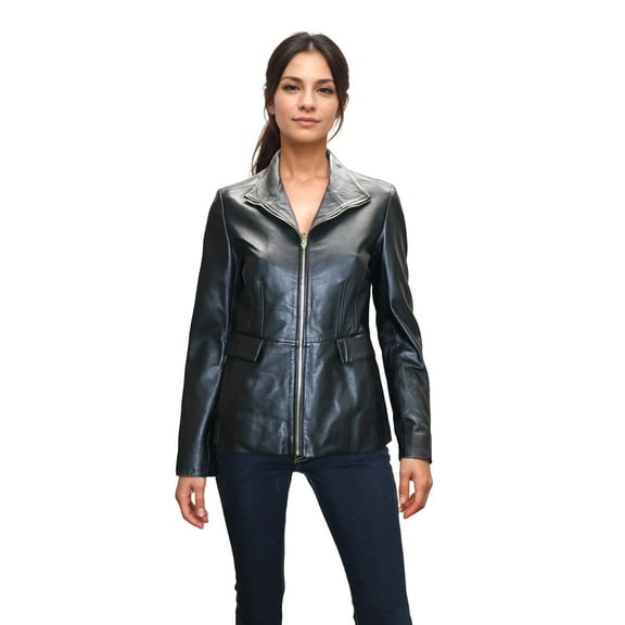 Cole Haan Women’s Inverted Collar Leather Jacket (Black, S)