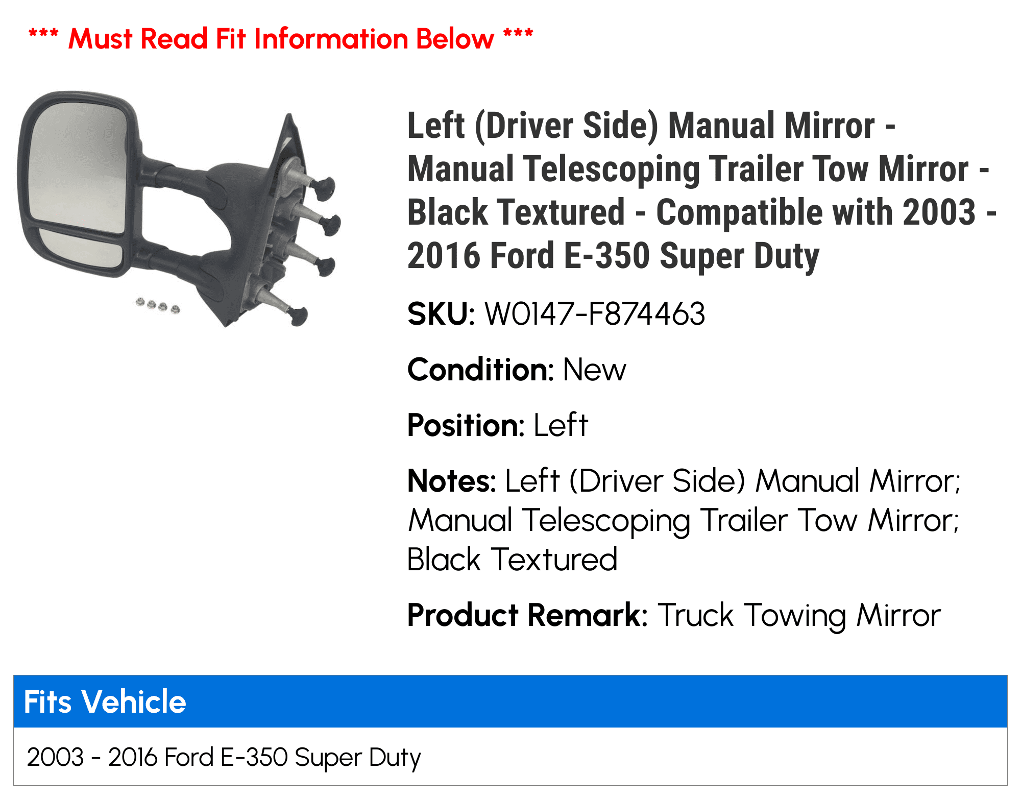 Left (Driver Side) Manual Mirror - Manual Telescoping Trailer Tow Mirror - Black Textured - Compatible with 2003 - 2016 Ford E-350 Super Duty 2004 2005 2006 2007 2008 2009 2010 2011 2012 2013
