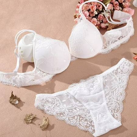 

Women Lace Lingerie Bra and Panty Set 2 Piece Flower Embroidered Push up Bra Set