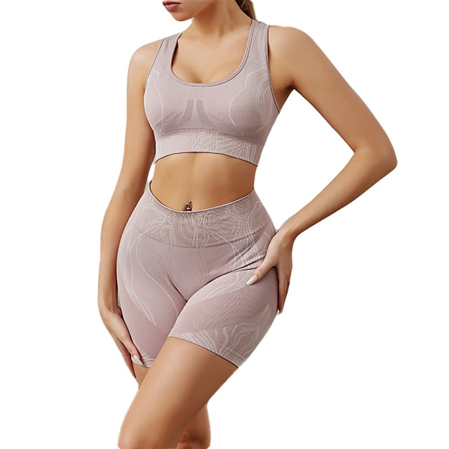 Conjuntos de yoga sin costuras para mujer, Top corto de manga corta de entrenamiento de 2 piezas con pantalones cortos de cintura alta para correr, conjuntos de ropa deportiva MFZFUKR BST3010671-2
