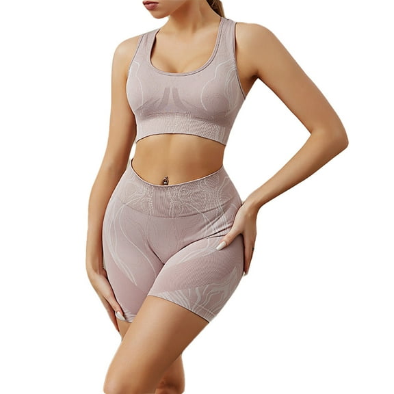 Women Seamless Yoga Outfits 2 Piece Workout Short Sleeve Crop Top with High Waisted Running Shorts Sets Activewear