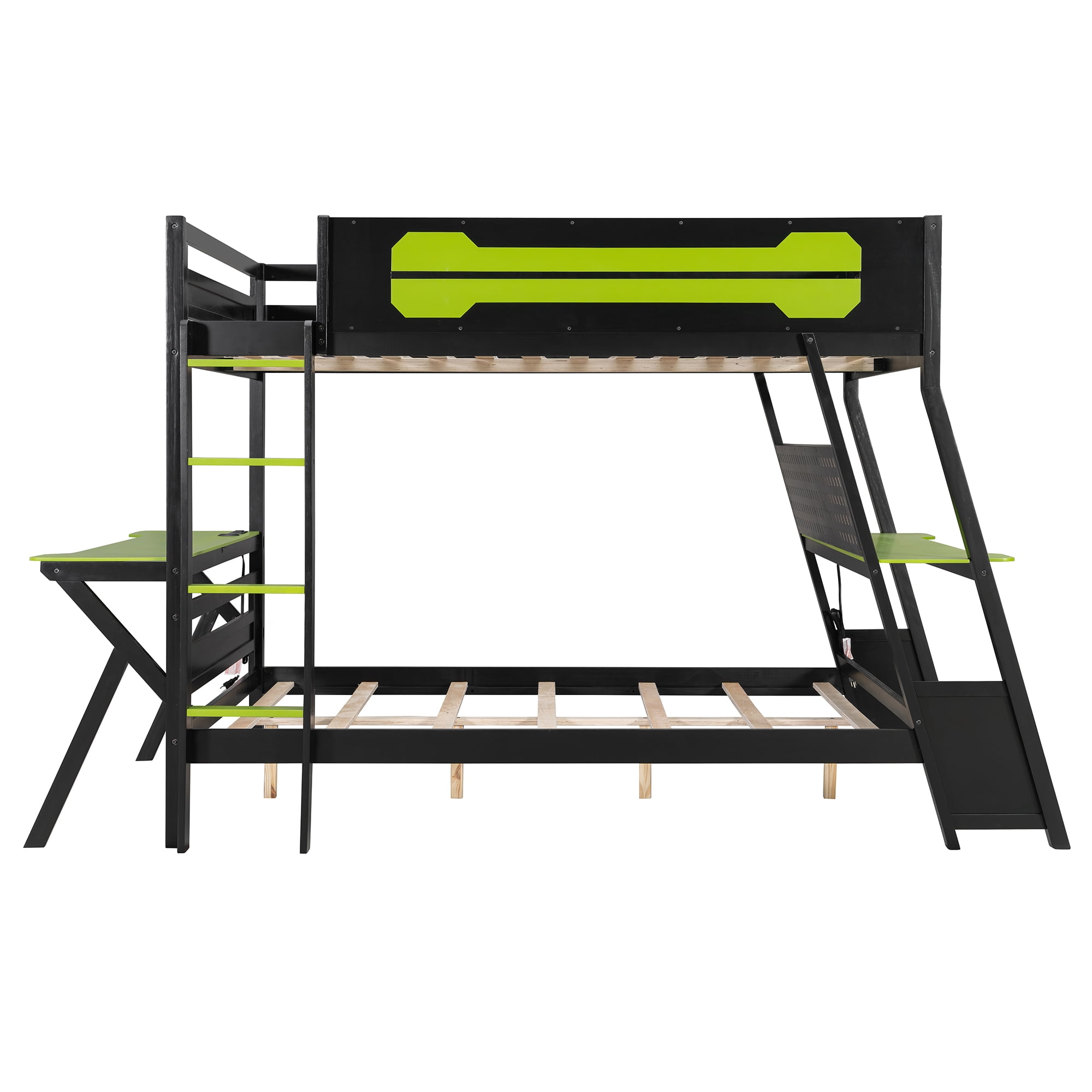 Aukfa Full over Full Bunk Bed with Built-In Desks, USB Charging Ports & Pegboard Organizer, Wood E-Sports Gaming Bed Frame for Kids/Teens, Green