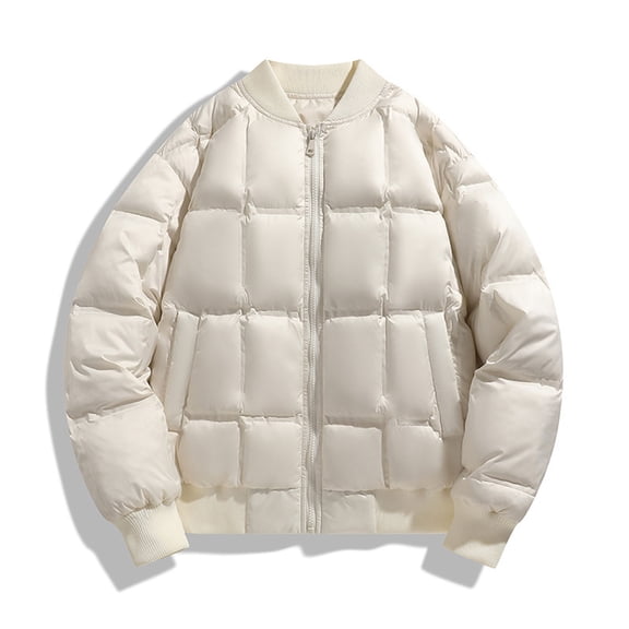 LEKWK Men's Puffer Jacket Warm Stand Neck Quilted Padded Zip Up Down Jackets Thick Trendy Winter Coat with Pockets Plus Size Outerwear, White M