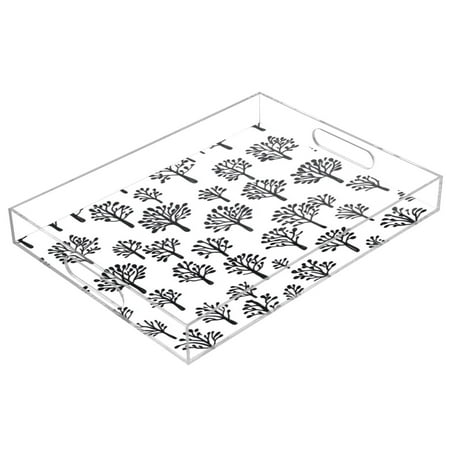 Acrylic Tray 15.7*11.8*1.9 Inch Transparent Tray Food Tray Tea Cup Tray Serving Trays Cosmetics Storage Kitchen Table Bathroom Sundry Storage Black Cartoon Tree