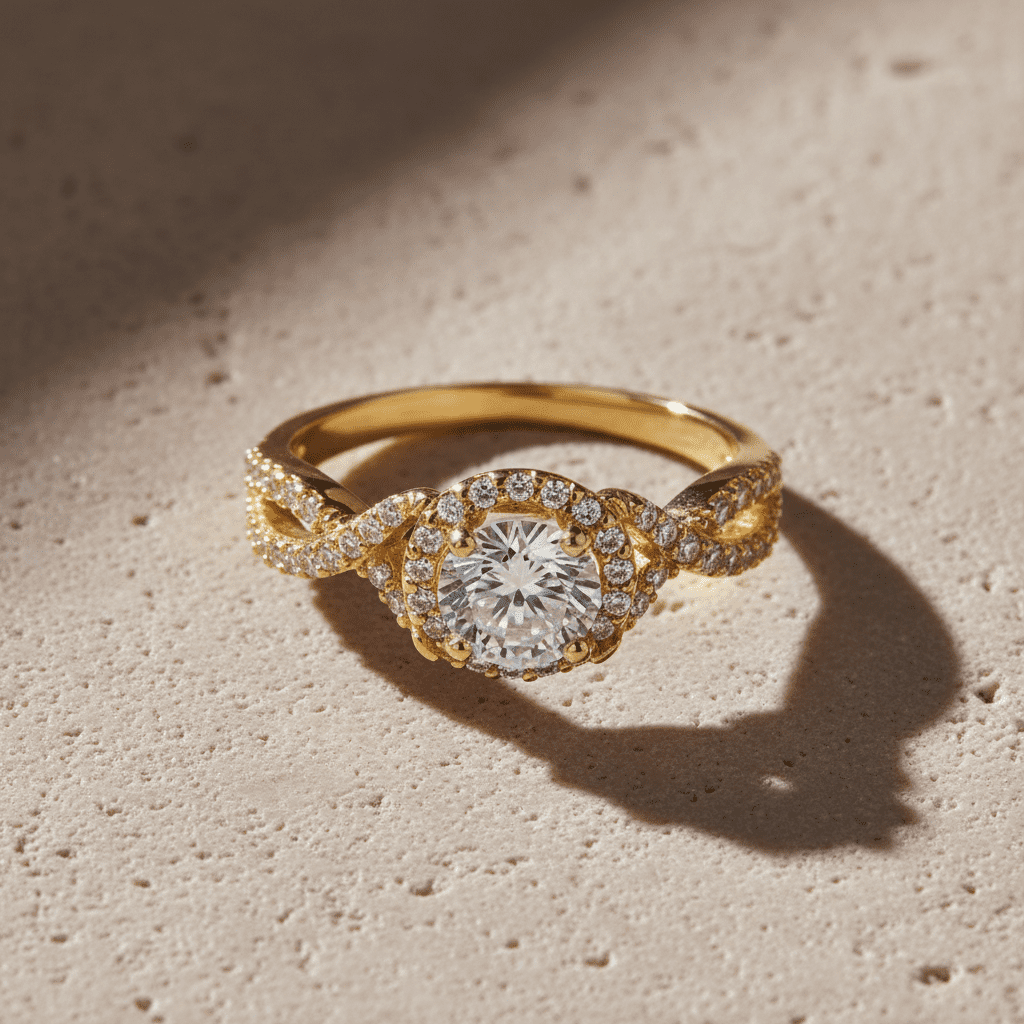 Vinali 14K Solid Yellow Gold Twist Halo Engagement Ring for Women - 0.84ct Round Center Stone - Size 6