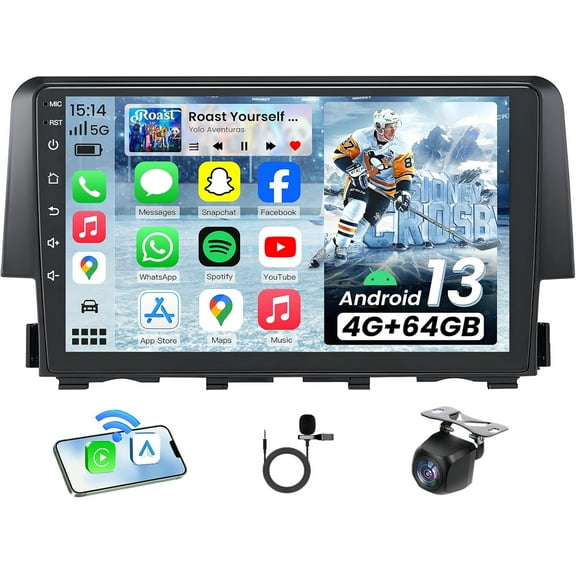 8Core 4 64GB Android 13 Car Radio for Honda Civic 2016-2021: 9" IPS 1280 * 800 Touchscreen Replacement with Wireless CarPlay & Android Auto 4G LTE 5GWiFi Bluetooth5.0 FM/AM 36EQ SWC 1080p Camera GPS