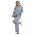 thumbnail image 5 of DAKIMOE Lounge Sets for Women Pajamas Long Sleeve Sleepwear Soft Nightwear 2 Piece Pjs Ribbed Knit Fall Winter Outfits Pockets, Gray Blue, XXL, 5 of 9