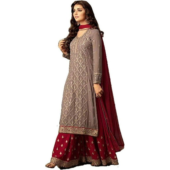 Engagement Function Wear Indian Designer Salwar Kameez Pakistani Sharara Plazzo Suits ( Brown, 4XL - 50 )