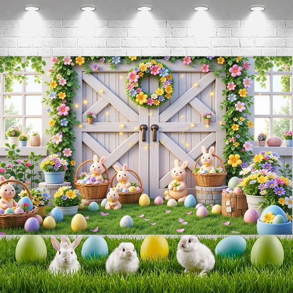 Bunny Design Easter Banner Colorful Eggs Spring Display Floral Pattern Flower Wreath Bunny Backdrop for Easter Celebration Spring Party Garden Decoration