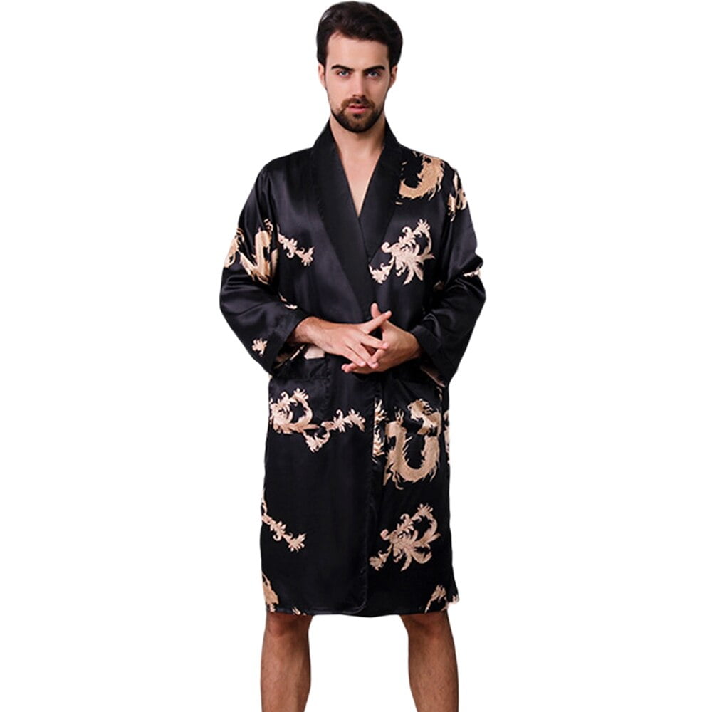 Mens Satin Kimono Robe Sets Long Sleeve Silk Eastern Dragon