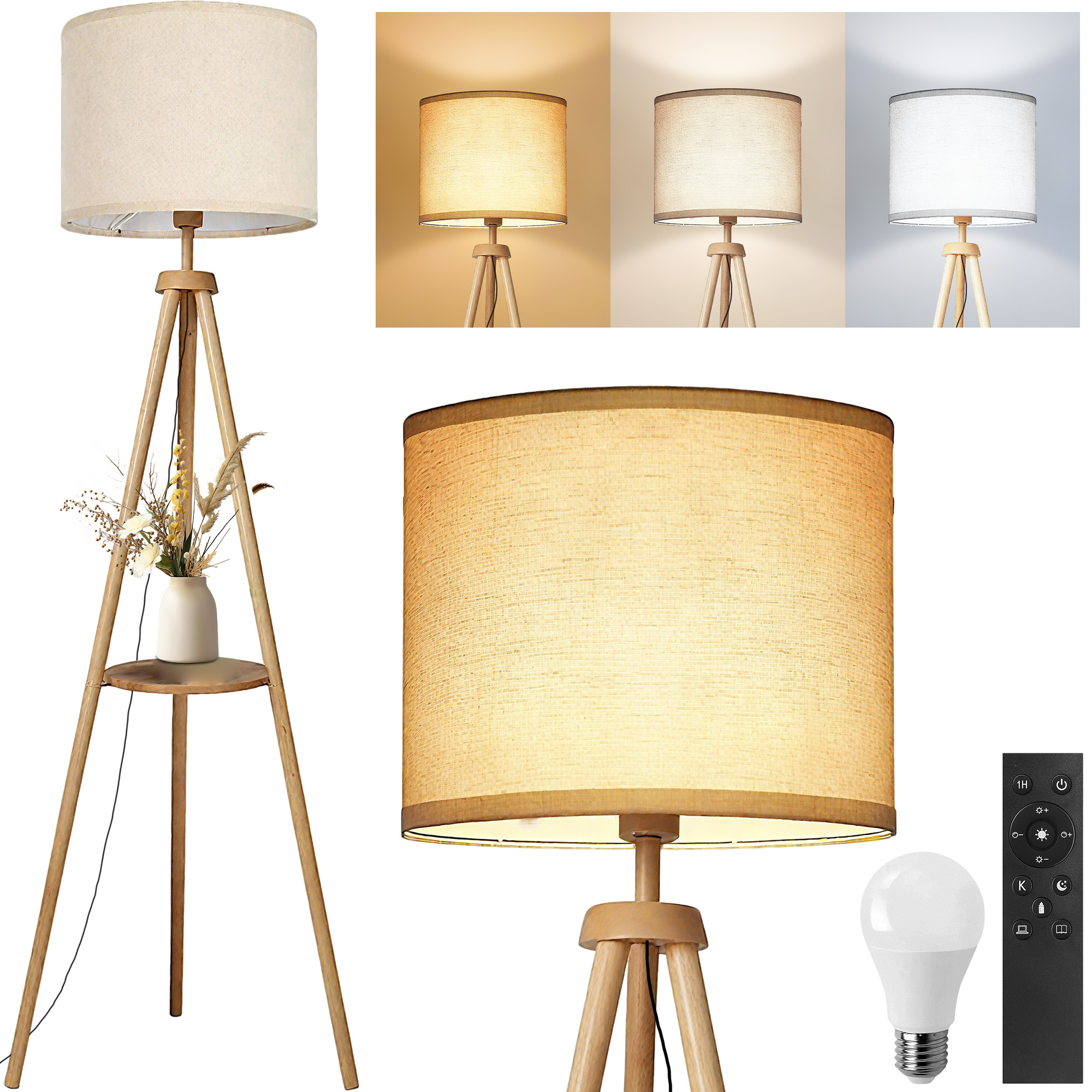 DAYBETTER Floor Lamp for Living Room, 63'' Wood Tripod Floor Lamp with Shelves, 3 Color Temperature, Dimmable, Remote Control Standing Lamp for Living Room, Bedroom, Office, LED Bulbs Included