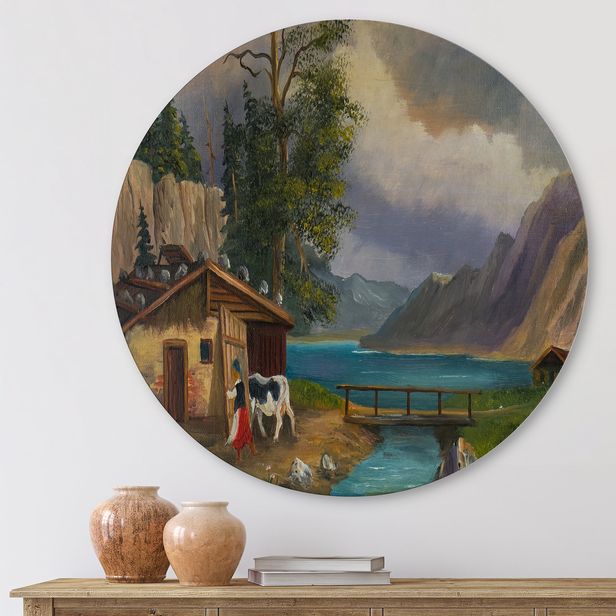 Designart 'Girl Brings The Cow Into The Stable At A Lake' Farmhouse Circle Metal Wall Art 23x23 - Disc of 23