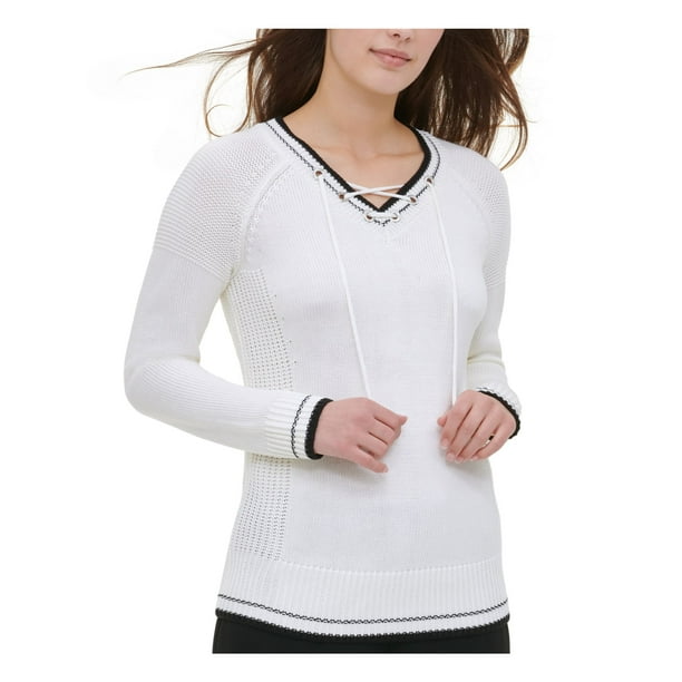 Calvin Klein Womens Lace Up V-Neck Turtleneck Sweater White XS 