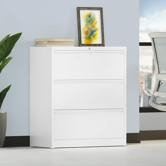Uforic White 3-Drawer Lateral File Cabinet with Lock, Wide Metal Stainless Steel Filing Cabinet for Legal/Letter A4 Size, Office Storage Cabinet