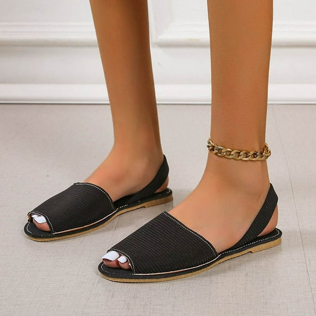 LSLJS Sandales d'Été pour Femmes à Boucle, Bout Ouvert, Couleur Unie, Chaussures Plates
