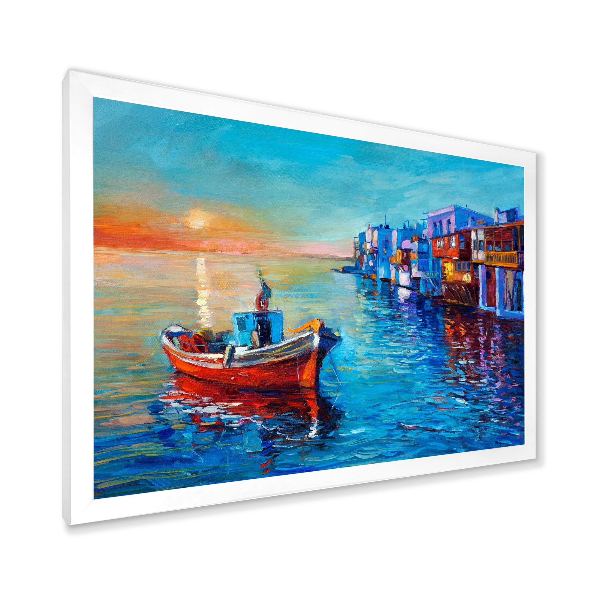 Designart 'Boats Near Coastal Town Resting On The Water I' Nautical & Coastal Framed Art Print