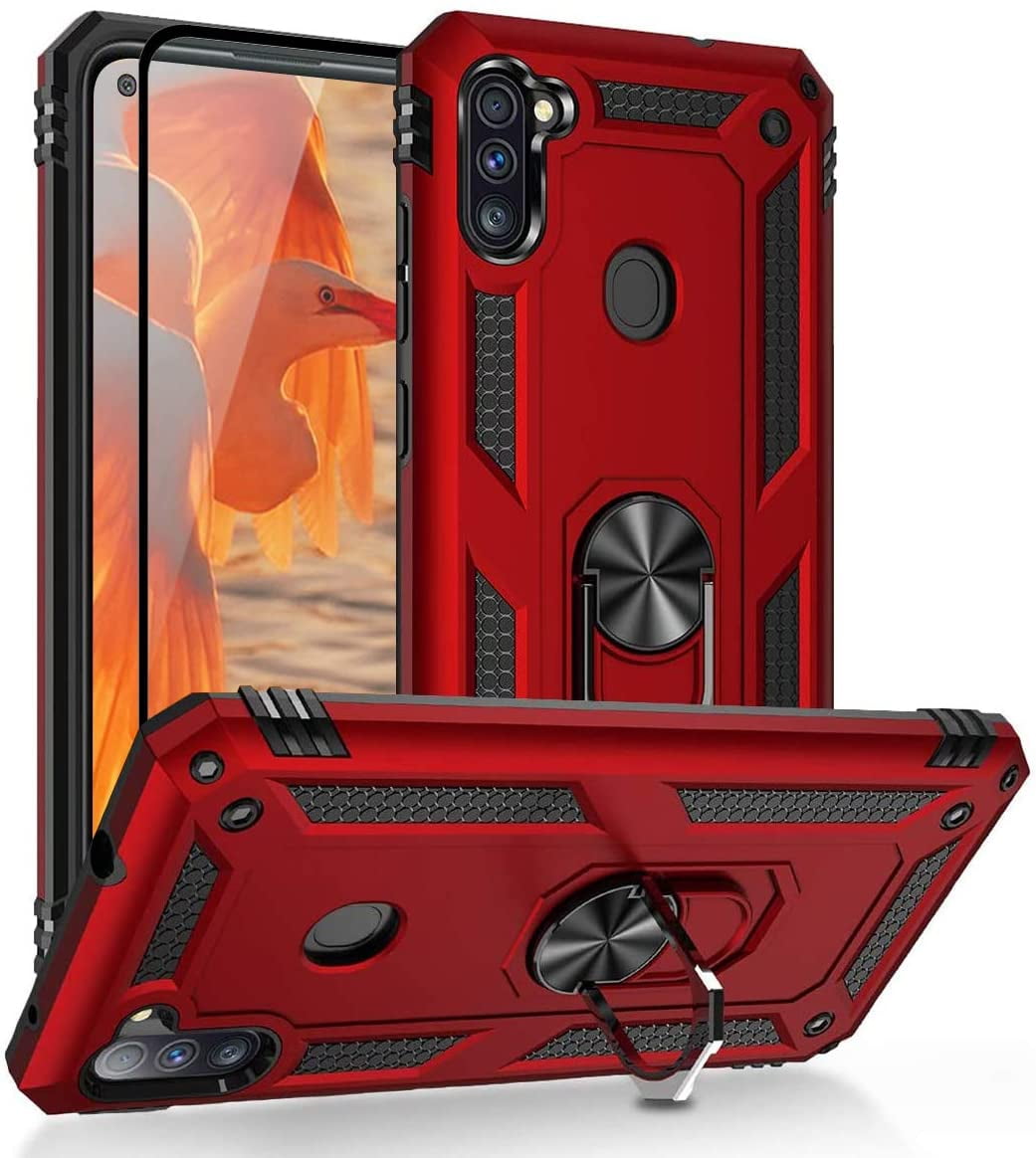 TJS Phone Case for Samsung Galaxy A11 (Not Fit Galaxy A10/A10S/A10E), with [Full Coverage Tempered Glass Screen Protector][Impact Resistant][Defender][Metal Ring][Magnetic Support] Armor (Red)