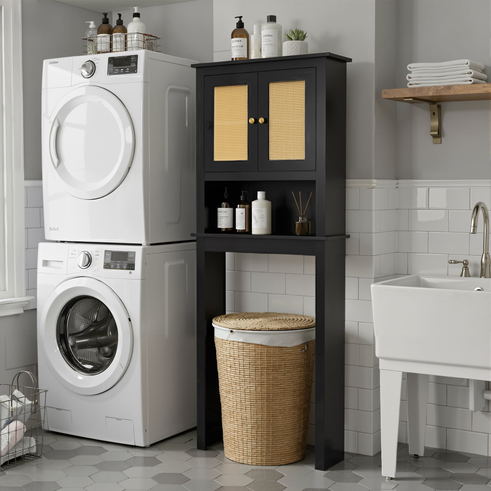 Over The Toilet Storage Cabinet, Behind Toilet Bathroom Organizer with Adjustable Shelves, Above Toilet Organizers with Rattan Door, Space Saver for Restroom, Bathroom, Laundry,Black